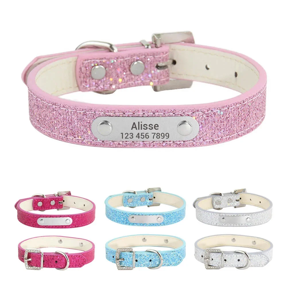 Reflective Dog Collar Personalized Engraved - Adı ile özel Bling deri köpek